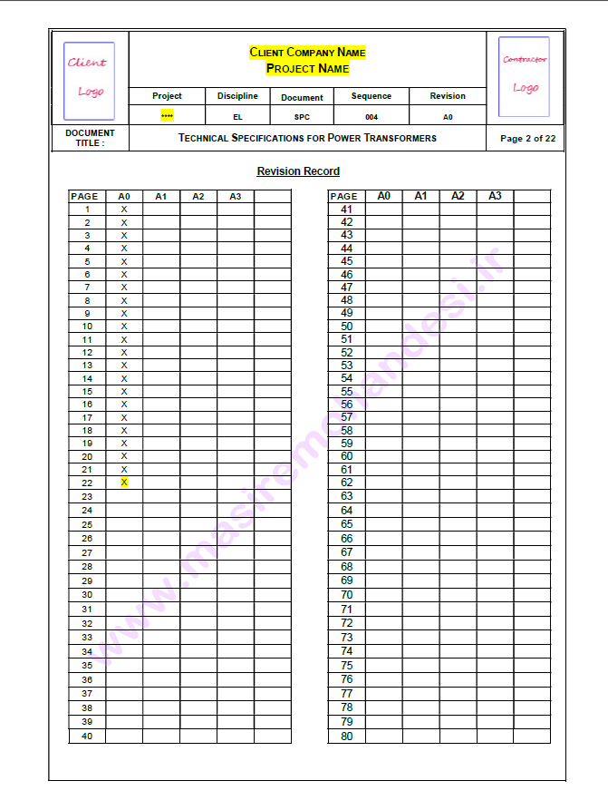 Spec_TR_RevSheet صفحه بازنگری مدرک Spec for Transformers