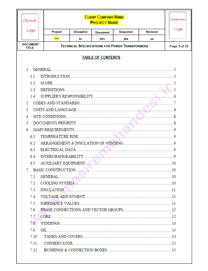 Spec_TR_TOC1 صفحه نخست لیست مطالب مدرک Spec for Transformers