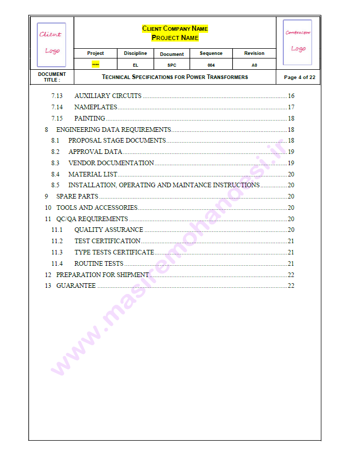 Spec_TR_TOC2 صفحه دوم لیست مطالب مدرک Spec for Transformers